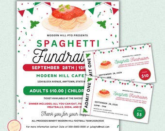 Spaghetti Dinner Fundraiser Flyer and Ticket Template, School, PTO PTA, Church, Charity Event Fundraising - Pasta Dinner Invitation