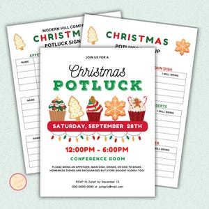 Könnte beinhalten: Eine Weihnachts-Potluck-Einladung in Rot- und Grüntönen. Die Einladung zeigt ein festliches Design mit Cupcakes, Lebkuchenmännern und einem Schneeflocke. Der Text lautet "Join us for a Christmas Potluck" und enthält das Datum und die Uhrzeit der Veranstaltung.