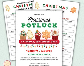 Editable Christmas Potluck Flyer Template, Holiday Potluck Party, Canva, Family Teacher Appreciation Dinner Event