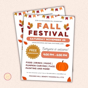 Fall Festival Flyer, Editable Autumn Harvest Fest Fundraiser Event for PTO PTA, School, Church, Community - Canva Template