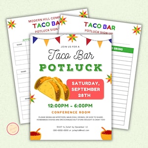 Puede incluir: Una invitación colorida para un Potluck de Barra de Tacos. La invitación presenta un esquema de color rojo, blanco y verde con una imagen de dibujos animados de tacos. El texto dice "Join us for a Taco Bar Potluck" e incluye la fecha y la hora del evento. La invitación también incluye una hoja de registro para que los invitados indiquen qué traerán.