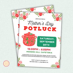 Mother&#39;s Day Potluck Flyer Template, Editable Church, Neighborhood, Office, School Event Luncheon Invitation