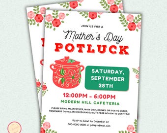 Mother's Day Potluck Flyer Template, Editable Church, Neighborhood, Office, School Event Luncheon Invitation