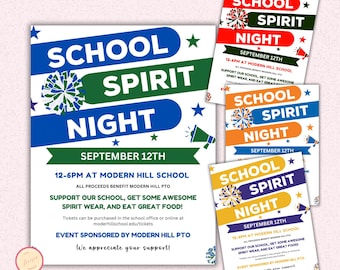 May include: A flyer for a school spirit night event. The flyer is white with blue, green, and red accents. It features a megaphone, stars, and a cheerleading pom-pom. The text reads "School Spirit Night" and "September 12th". The event is from 12-6pm at Modern Hill School. All proceeds benefit Modern Hill PTO. Support our school, get some awesome spirit wear, and eat great food! Tickets can be purchased in the school office or online at moderhillschool.edu/tickets. Event sponsored by Modern Hill PTO. We appreciate your support!