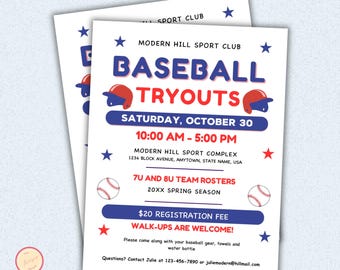 Baseball Tryout Flyer Template - Editable Baseball Tryouts Flyer for High School, Sports Team, DIY Sports Training Event Poster