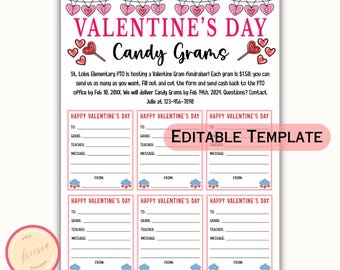Valentine's Day Candy Gram Flyer Editable Template - Valentine Candy Grams Fundraiser Event PTA PTO - School Nonprofit Church Community