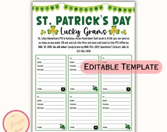 St. Patrick's Day Lucky Gram Flyer Editable Template - Candy Grams Fundraiser Event PTA PTO - School Nonprofit Church Community