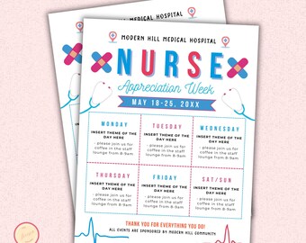 Nurse Appreciation Week Flyer, Itinerary Flyer, Canva Poster, Editable and Printable Template, Medical National Nurses Week Schedule Events