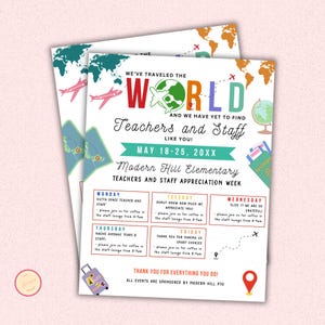 International-Themed Teacher Appreciation Week Flyer, Around the World Travel Itinerary Flyer, Canva Poster, Editable Template