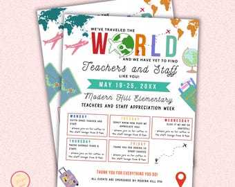 Volante de la Semana Internacional de Reconocimiento al Profesorado, volante de itinerario de viaje alrededor del mundo, póster de Canva, plantilla editable