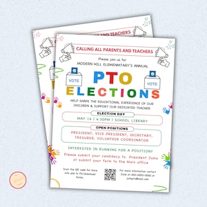 Può includere: Due volantini per le elezioni PTO. I volantini presentano il testo "PTO ELECTIONS" in colori vivaci. Includono la data e l'ora delle elezioni, le posizioni aperte e le informazioni di contatto.