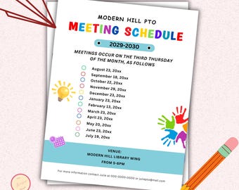 PTO PTA Meeting Schedule Template - Editable PTA Meeting Flyer Template - Instant Digital Download