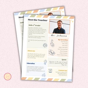 Plantilla imprimible para el aula "Conoce al maestro", presentación del maestro, carta para conocer al maestro de jardín de infantes, boletín editable para el maestro