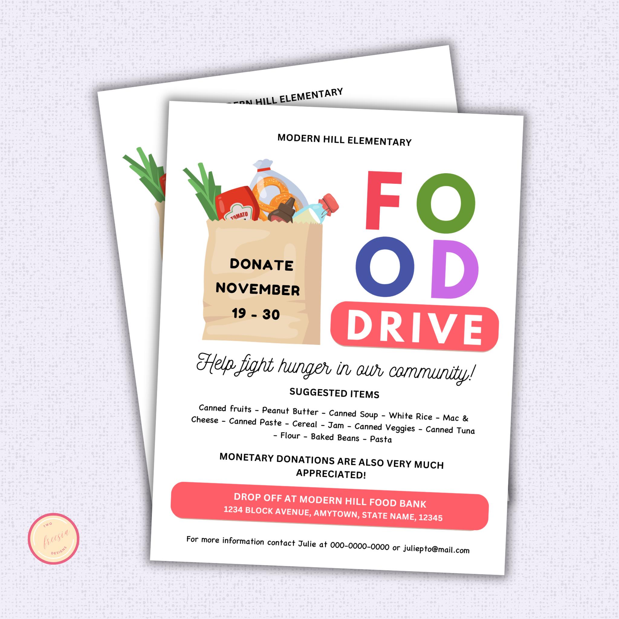 Food Drive Flyer Template, Canned Food Drive Flyer, Editable Fundraiser Event for PTO PTA, School, Church, Community - Canva Template
