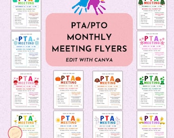 Paquete de plantillas de volantes para reuniones mensuales de la PTA de la escuela - Plantillas Canva editables de la PTA - Volantes escolares de temporada imprimibles