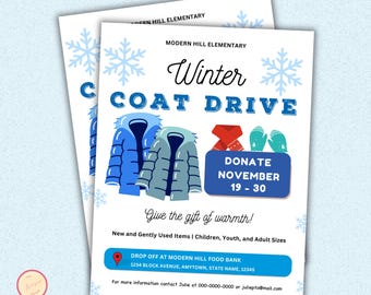 Winter Coat Drive Flyer, Printable PTA PTO Invitation, Charity Church Fundraiser, Christmas Cold Weather, Coat Jacket Donations Flyer