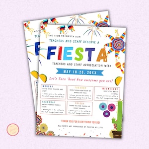 Flyer van de week voor lerarenwaardering met fiesta-thema, Mexicaanse Fiesta-reisplan, canvasposter, bewerkbare en afdrukbare sjabloon