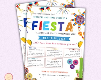 Fiesta-Themed Teacher Appreciation Week Flyer, Mexican Fiesta Itinerary Flyer, Canva Poster, Editable and Printable Template