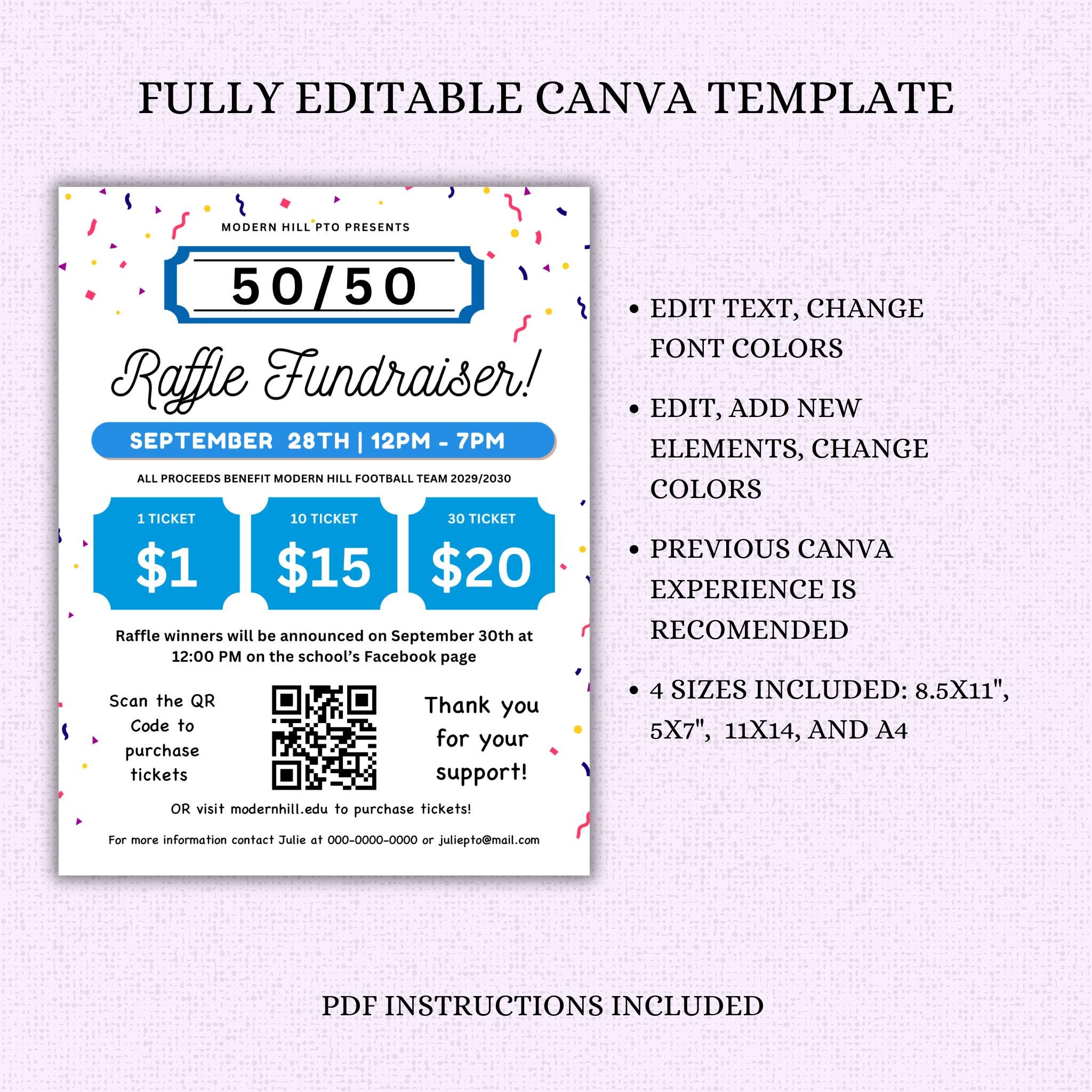Editable 50/50 Raffle Ticket Fundraiser Flyer Template, Split the Pot