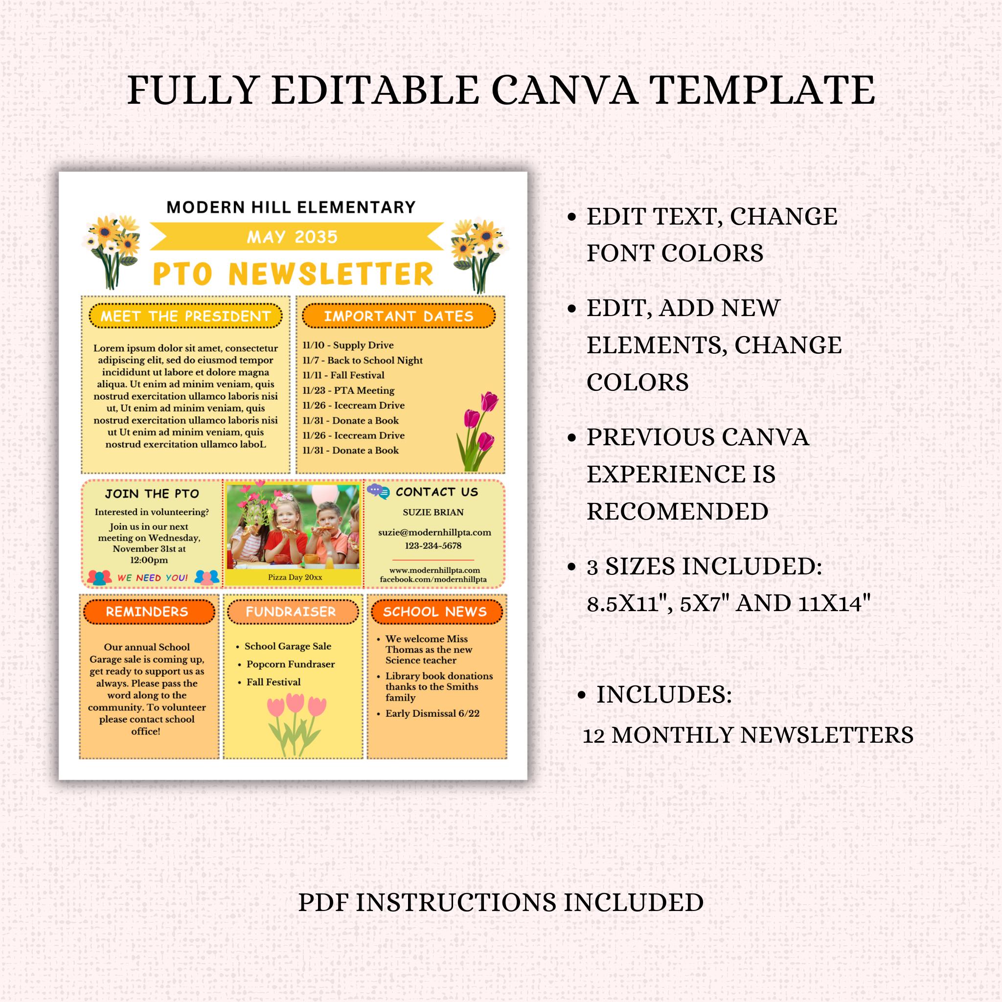 PTO/PTA Monthly Newsletter Template Bundle - 12 Editable PTA Canva ...