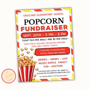 Editable Popcorn Fundraiser Flyer - Printable PTA, PTO, School Church Popcorn Fundraiser Event - Team Sports Charity Printable Template