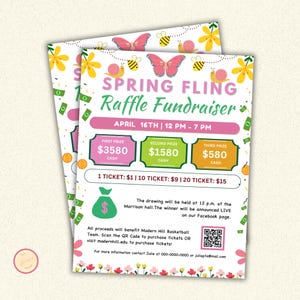 Plantilla de volante para la rifa de Spring Fling, sorteo de Pascua, volante para la rifa de tarjetas de efectivo, recaudación de fondos para deportes de primavera, organización benéfica de escuelas parroquiales