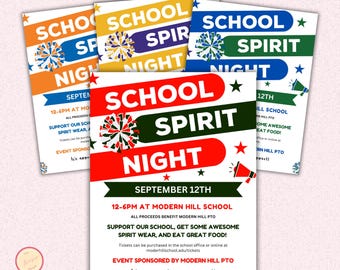 School Spirit Night Flyer, Editable School Spirit Night Party Fundraiser, Editable School Fundraiser School PTO PTA Event, Canva Template