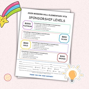 May include: A sponsorship level chart for Modern Hill Elementary PTA. The chart lists four sponsorship levels: Platinum, Gold, Silver, and Bronze. Each level includes a different amount of benefits, such as a large logo on the website and newsletter, a newsletter shoutout, a free booth at the spring carnival, and mentions on social media.