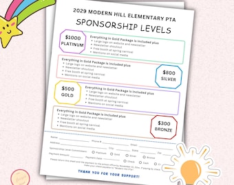 Sponsorship Level Flyer Template - Printable PTO PTA Form - Editable Non-Profit Donation Form - PT56