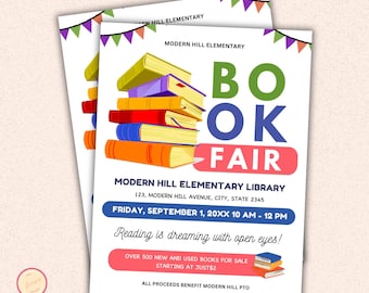 May include: A colourful flyer for a book fair at Modern Hill Elementary Library. The flyer features a stack of colourful books, the words "Book Fair" in large letters, and the date and time of the event. The flyer also states that over 500 new and used books will be for sale, starting at just £2. All proceeds benefit Modern Hill PTO.
