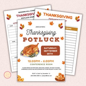 Thanksgiving Potluck Flyer and Sign-up Sheet Template Bundle, Editable Neighborhood, Office, School Luncheon Event Invitation