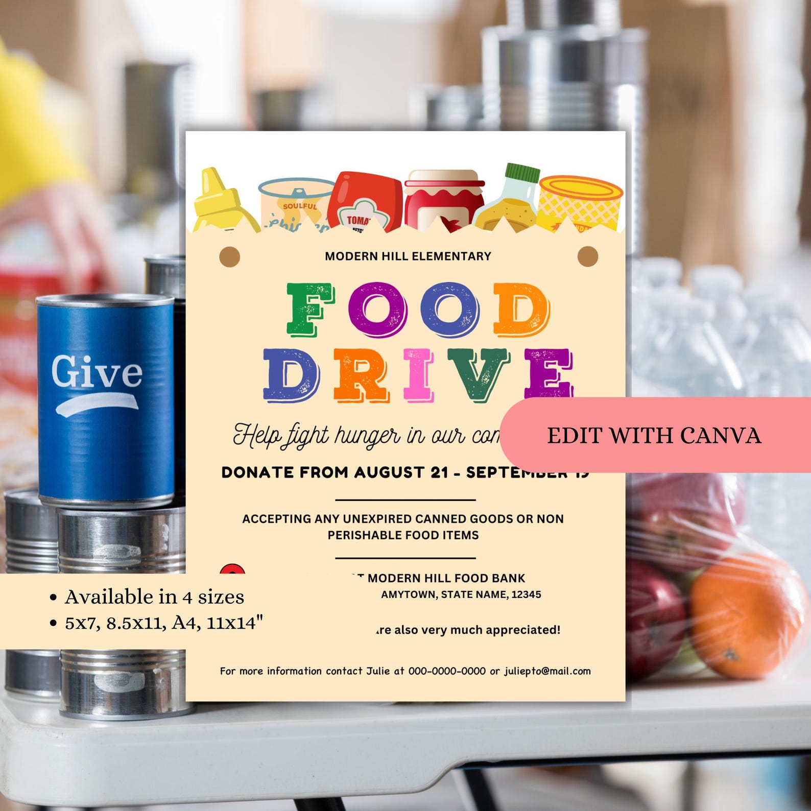 Food Drive Flyer, Canned Food Drive Flyer Template, Editable Fundraiser ...