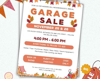 Fall Neighborhood Garage Sale Flyer, Printable PTA PTO, School Church Fundraiser, Community Garage Sale Template, Rummage Sale Event Poster