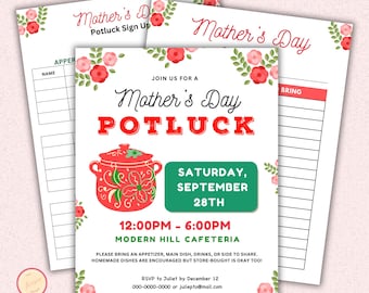 Mother's Day Potluck Flyer and Sign Up Sheet Template, Editable Church, Neighborhood, Office, School Event Luncheon Invitation