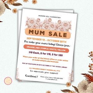 Editable Fall Mum Sale Flyer Template, School Fundraiser, Autumn Holiday Plant Sale, PTA PTO Community Event