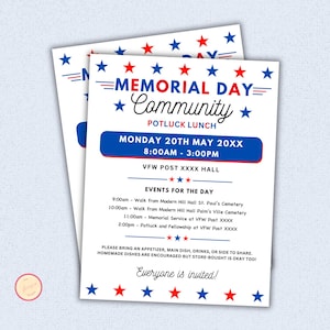 May include: Two flyers with a red, white, and blue Memorial Day theme. The text reads "Memorial Day Community Potluck Lunch" with event details including times and locations. The flyers are decorated with stars and stripes.