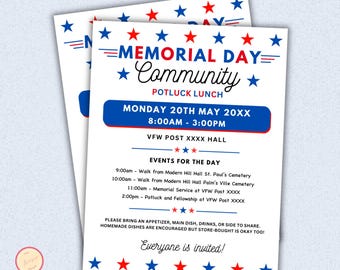 Editable Memorial Day Party Flyer Template, Community Block Party, DIY Patriotic Summer Kick Off BBQ Cookout Potluck Printable