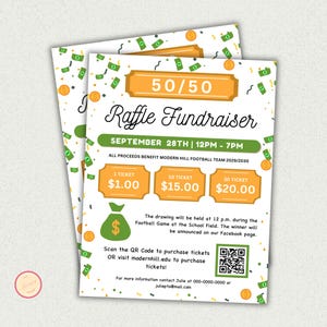Plantilla editable de volante para recaudar fondos con boletos de rifa 50/50, volante para rifa de tarjetas de efectivo, deportes, eventos benéficos de escuelas religiosas, dividir el bote