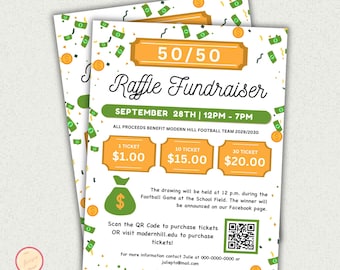 May include: A flyer for a 50/50 raffle fundraiser for the Modern Hill Football Team. The flyer is yellow and green with a cartoon money bag and confetti. The event is on September 28th from 12pm to 7pm. Tickets are $1.00, $15.00, and $20.00. The flyer includes a QR code to purchase tickets.