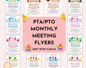 Paquete de plantillas de volantes para reuniones mensuales de la PTA y la PTO: plantillas Canva editables para la PTA: volantes escolares de temporada para imprimir