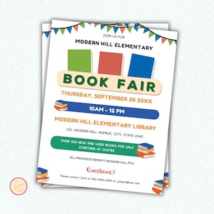Editable Book Fair Flyer Template, Community Party Invitation - Printable School Fundraiser Invitation Template - Book Sale invite PTO, pta