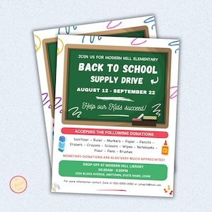 Editable Back to School Supply Drive Flyer Template, School Supplies Fundraiser Poster, Back To School Invite, School Donation