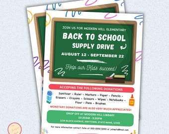 Editable Back to School Supply Drive Flyer Template, School Supplies Fundraiser Poster, Back To School Invite, School Donation