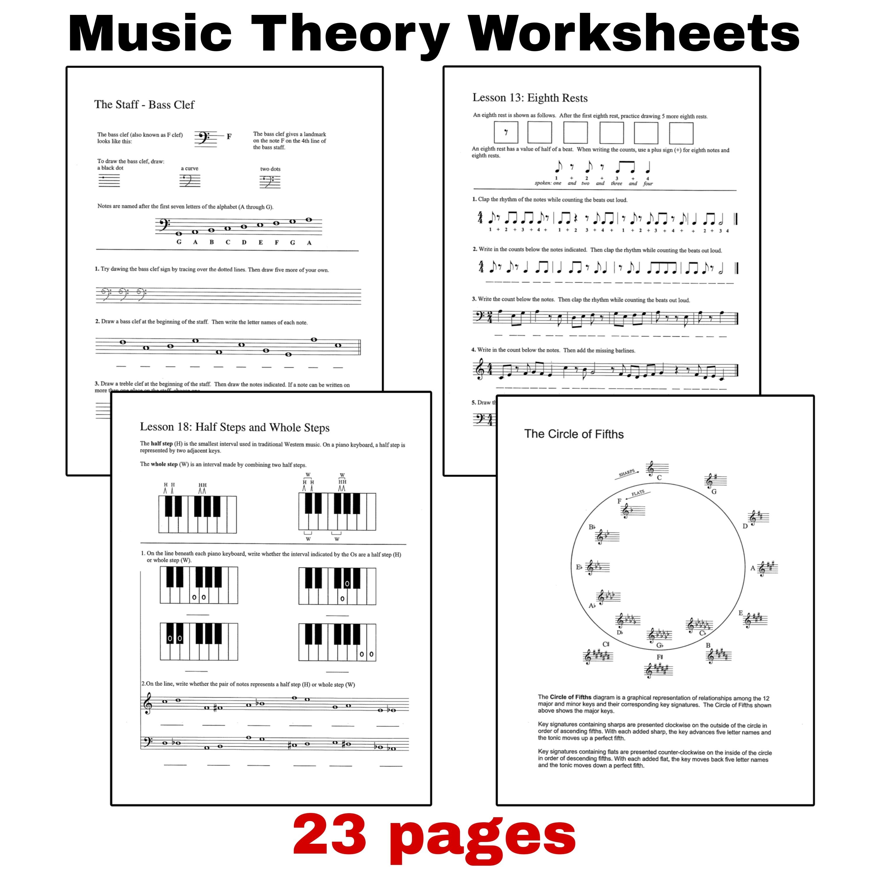 Music Theory Worksheets - 23-Page PDF for Beginners and Students