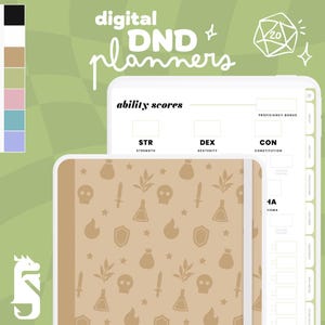 May include: A digital planner for Dungeons and Dragons (D&D) with a brown background pattern of skulls, stars, potion bottles, swords, and money bags. The planner has sections for ability scores, proficiency bonus, and character information.