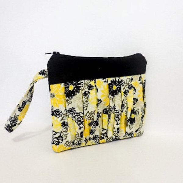 Pleated Wristlet Mini Purse Handbag Spring Flowers in Yellow, Grey and Black