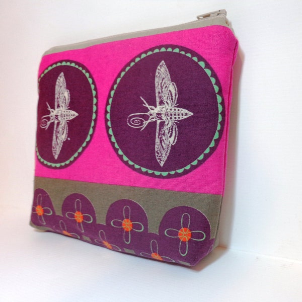 Medium  Zipper Pouch - Dragonfly in Pink and Purple