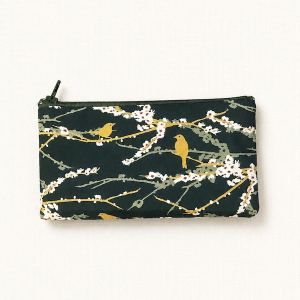 Bird Pouch, Fabric Zipper Pouch, Cosmetic Pouch, Toiletry Bag, Medium Zipper Pouch, Zipper Case, Bird Case, Pouch, Bird on Branch in Green