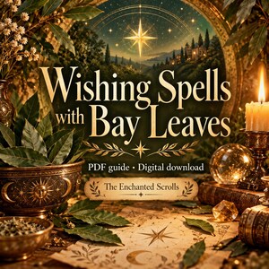 May include: A digital PDF guide titled Wishing Spells with Bay Leaves featuring a bowl of green bay leaves, a lit candle, a crystal ball, and a parchment scroll with celestial illustrations. The text reads PDF guide, digital download, and The Enchanted Scrolls.