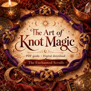May include: A digital download PDF guide titled The Art of Knot Magic and The Enchanted Scrolls, featuring a circular purple braided cord adorned with gold-toned metal knots, a crescent moon charm, and a star, set against a parchment background.